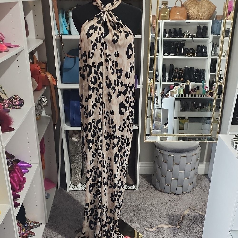 Trina Turk Animal Print Halter Jumpsuit in Black and Tan